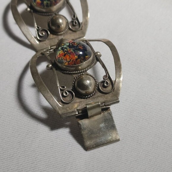 Iridescent Mexican Sterling Silver Bracelet Vintage Art Deco Style Hinge Panels - Picture 9 of 10
